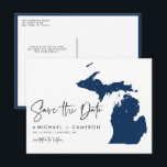 Navy Blue Michigan Map QR Code Save the Date Announcement Postcard<br><div class="desc">Celebrate your Michigan wedding with a modern and interactive twist with this QR Code Save the Date Postcard, featuring a sleek silhouette of the Michigan state map. The minimalist design highlights Michigan’s unique shape, making it the perfect choice for couples planning a wedding in the Great Lakes State. Whether you're...</div>