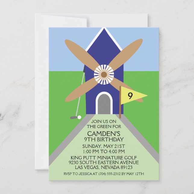Navy Blue Miniature Golf Windmill Birthday Party Invitation (Front)