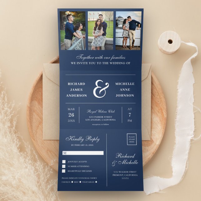 Navy Blue Minimal 3 in 1 Photo Collage Wedding Tri-Fold Invitation (Creator Uploaded)