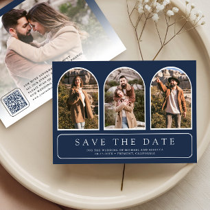 Navy Blue Minimal Arch Photo QR Code Wedding Save The Date