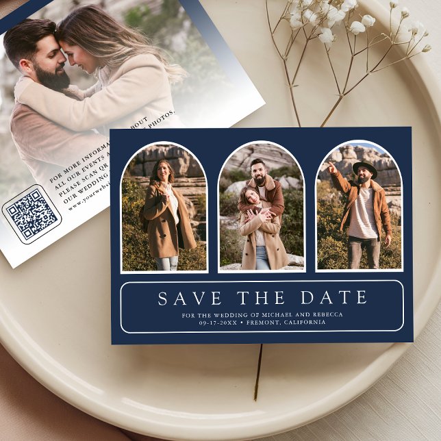Navy Blue Minimal Arch Photo QR Code Wedding Save The Date (Creator Uploaded)