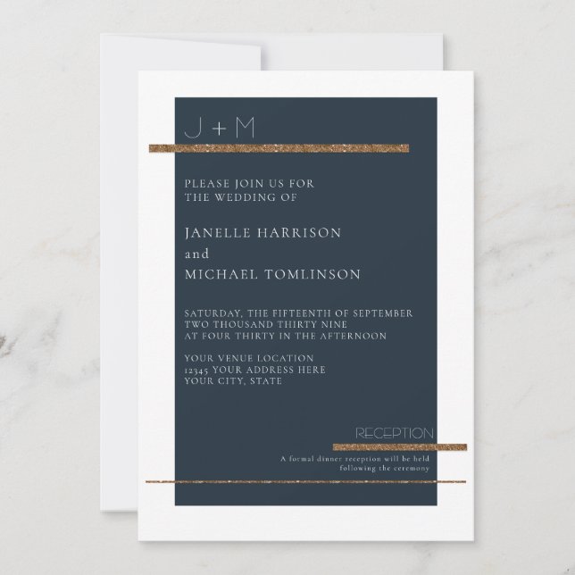 Navy Blue Minimal Modern Gold White Wedding Simple Invitation (Front)