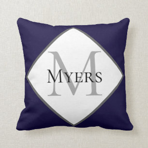 Navy Blue Minimal Monogram Family Name  Cushion