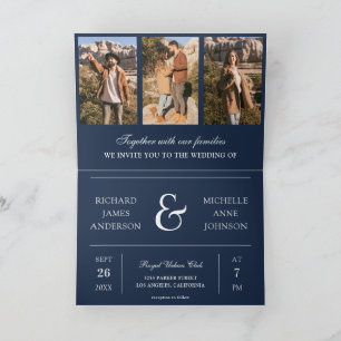 Navy Blue Minimal Photo Collage QR Code Wedding Invitation