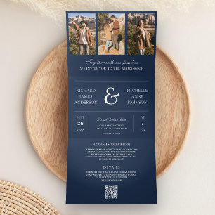 Navy Blue Minimal Photo Collage QR Code Wedding Tri-Fold Invitation