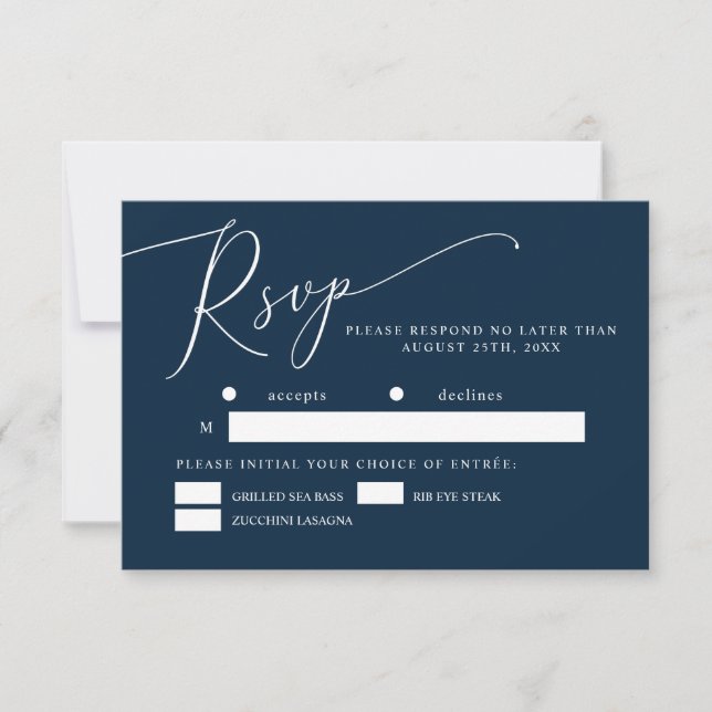 Navy Blue Minimal Wedding Meal Choice RSVP Card (Front)
