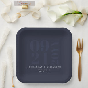 Navy Blue Minimalist Bold Type Wedding Paper Plate