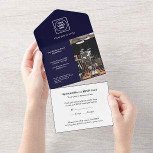 Navy Blue Minimalist Corporate Business All In One Invitation