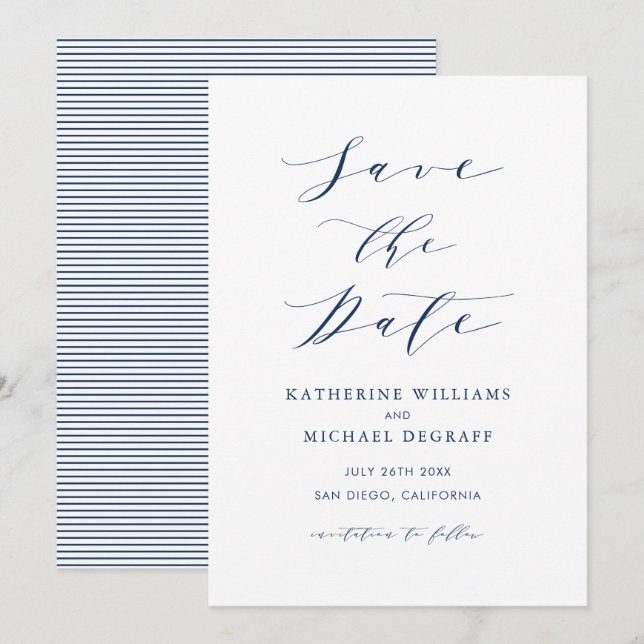 Navy Blue Minimalist Dainty Script Save The Date (Front/Back)