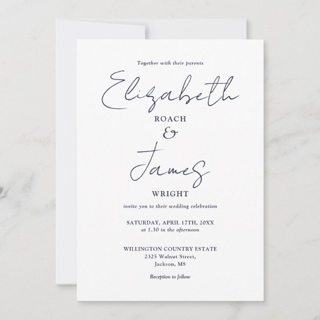 Navy Blue Minimalist Elegant Script Wedding Invitation (Front)