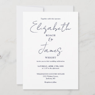 Navy Blue Minimalist Elegant Script Wedding Invitation
