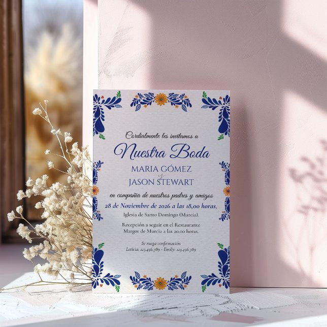 Navy Blue Minimalist Floral Classy Spanish Wedding Invitation (Navy Blue Minimalist Floral Classy Spanish Wedding Invitation)