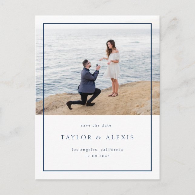 Navy Blue Minimalist Frame Photo Save the Date Postcard (Front)