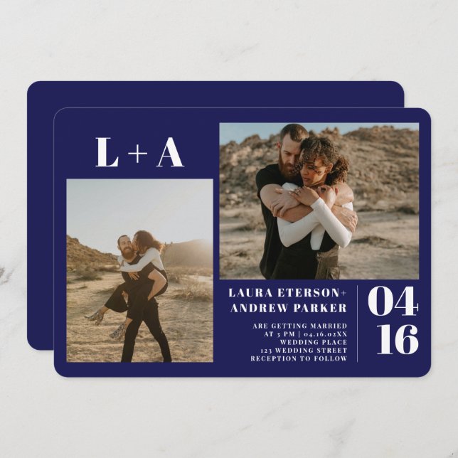 Navy blue minimalist initials 2 photos wedding invitation (Front/Back)