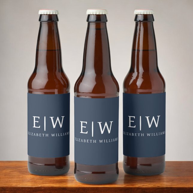 Navy Blue Minimalist Modern Monogram Elegant Beer Bottle Label (Creator Uploaded)