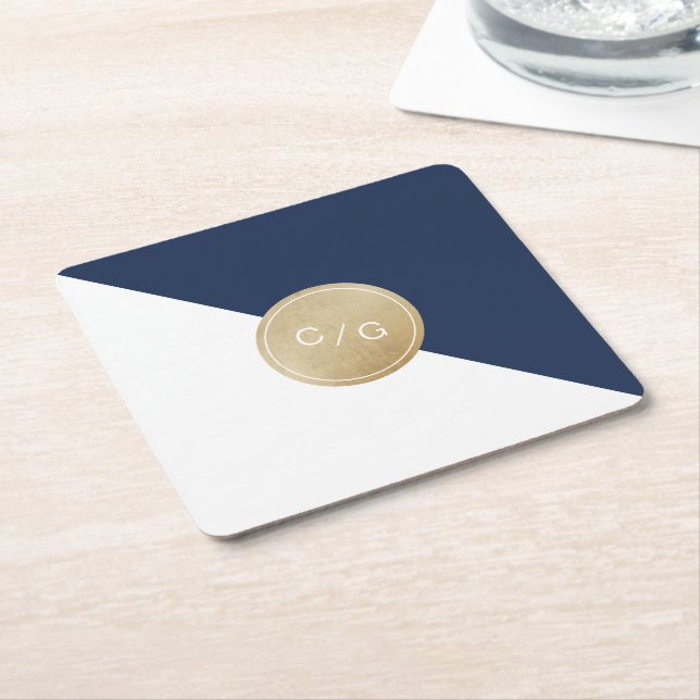 Navy blue minimalist modern wedding monogram square paper coaster (Angled)