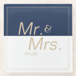 Navy blue minimalist modern wedding mr & mrs glass coaster