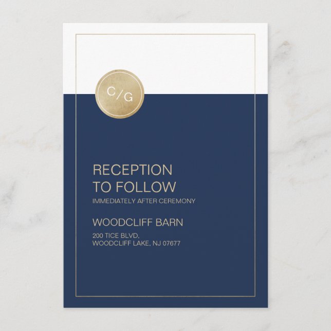Navy blue minimalist modern wedding reception card (Front)