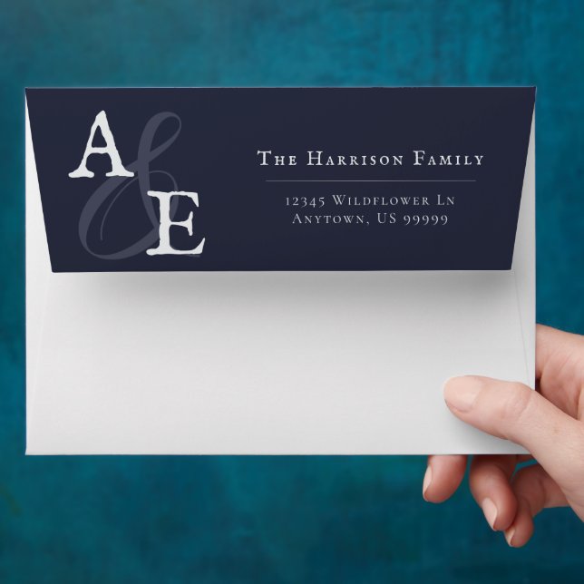Navy Blue Minimalist Monogram Wedding Envelope (Hand)
