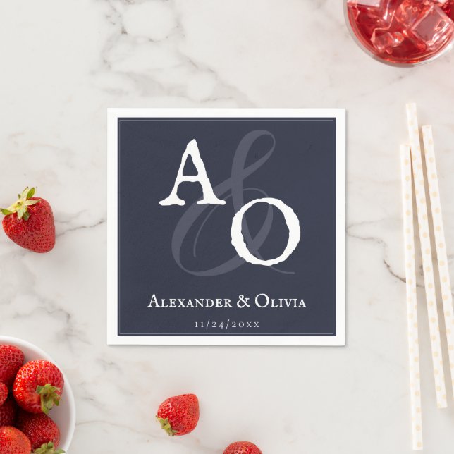 Navy Blue Minimalist Monogram Wedding Napkin (Insitu)
