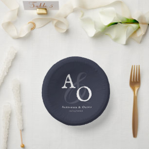 Navy Blue Minimalist Monogram Wedding Paper Plate