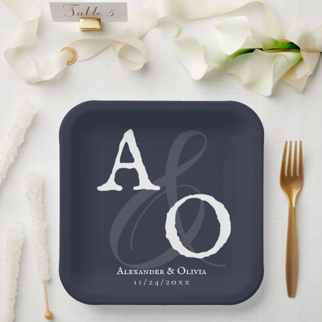 Navy Blue Minimalist Monogram Wedding Paper Plate (Wedding)