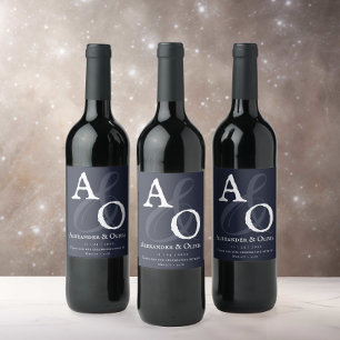 Navy Blue Minimalist Monogram Wedding Wine Label