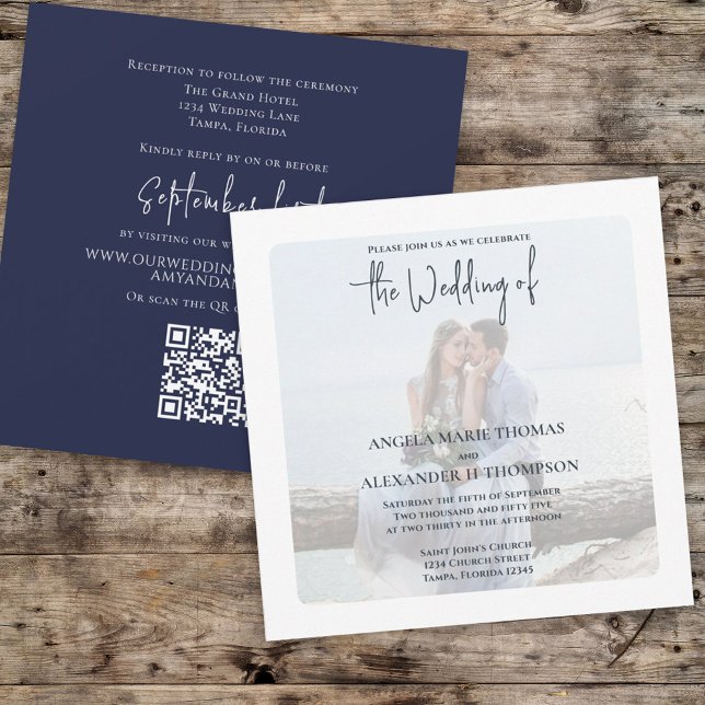 Navy Blue Minimalist Photo Elegant Wedding Invitation (Navy blue wedding square invitation with photo overlay.)