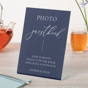Navy Blue Minimalist Photo Guestbook Pedestal Sign