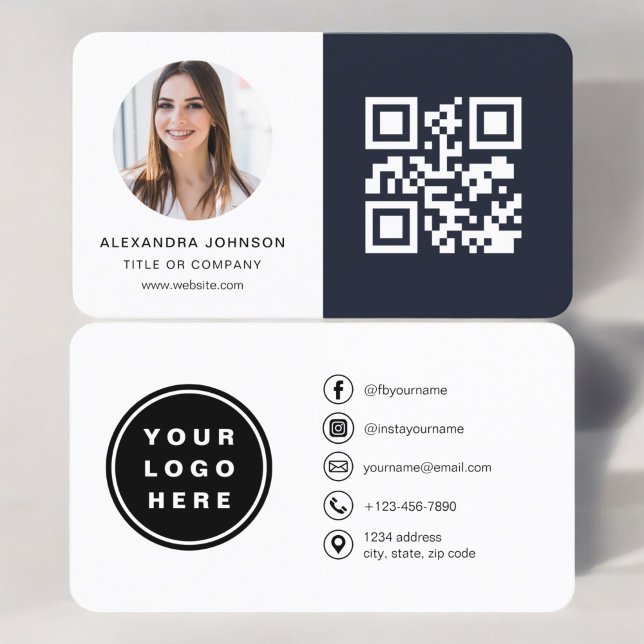 Navy Blue Minimalist Photo QR Code Social Media Business Card (Creator Uploaded)