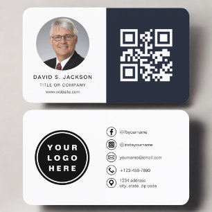 Navy Blue Minimalist Photo QR Code Social Media Business Card