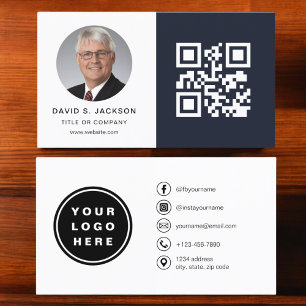 Navy Blue Minimalist Photo QR Code Social Media Business Card