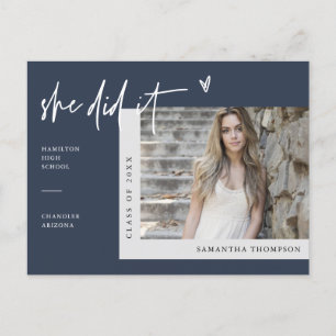 Navy Blue Minimalist Photo She Did It Graduation P Postcard