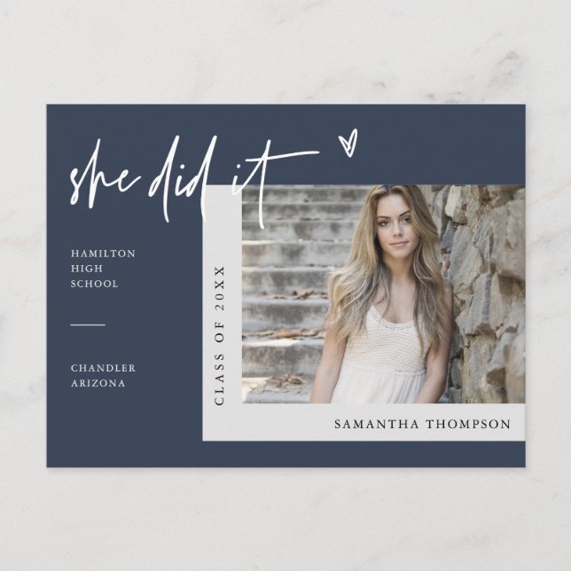 Navy Blue Minimalist Photo She Did It Graduation P Postcard (Front)