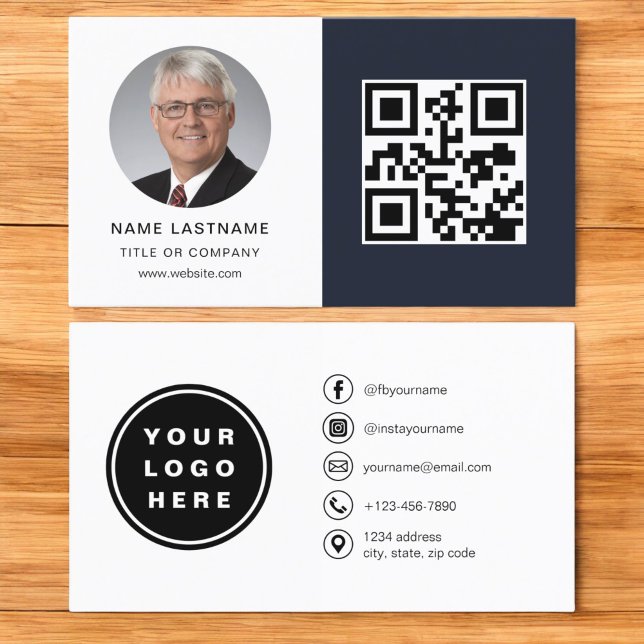 Navy Blue Minimalist PhotoQR Code Social Media Business Card (Creator Uploaded)
