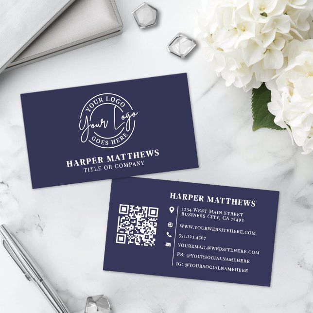 Navy Blue Minimalist Professional Logo QR Code Business Card (Navy Blue Minimalist Professional Logo QR Code Business Card )