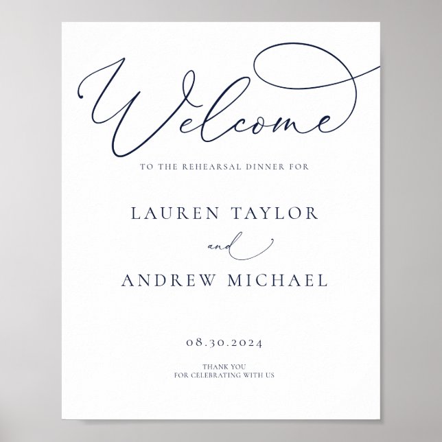 Navy Blue Minimalist Rehearsal Dinner Sign (Front)