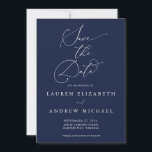 Navy Blue Minimalist Save the Date Invitation<br><div class="desc">This navy blue Save the Date card features a minimalist navy blue background with white text. Fully customisable with names,  dates,  location,  background colour,  etc...  For more detailed customisation,  click the "Click to Customise Further" link. Matching wedding suite items are also available in this collection.</div>