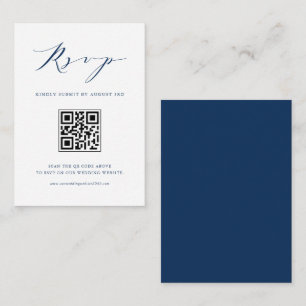 Navy Blue Minimalist Script Black QR Code RSVP Enclosure Card