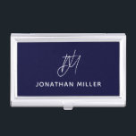 Navy Blue Minimalist Script Monogram Business Card Holder<br><div class="desc">Keep your business cards organised and protected in this modern and minimalist business card case featuring a script monogram design. The sleek and stylish design is perfect for any professional setting.</div>