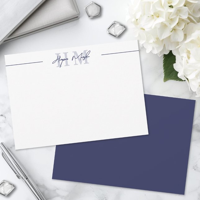 Navy Blue Minimalist Script Name Monogram Card (Navy Blue Minimalist Script Name Monogram Note Card)
