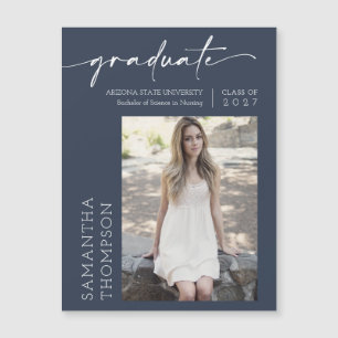 Navy Blue Minimalist Script Photo Graduate Magnet
