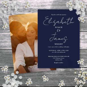 Navy Blue Minimalist Script Photo Wedding Invitation