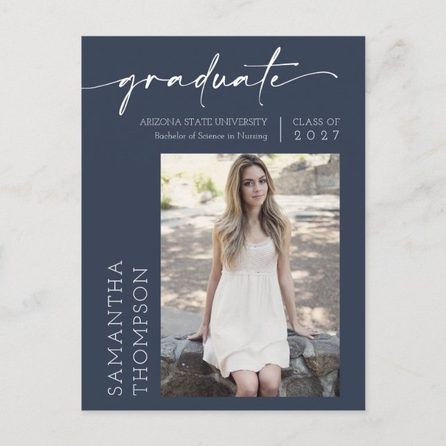 Navy Blue Minimalist Script Two Photo Graduation Postcard (Front)