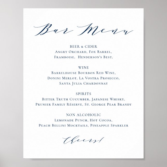 Navy Blue Minimalist Script Wedding Bar Menu Poster (Front)