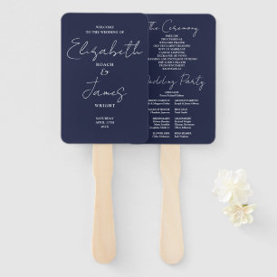 Navy Blue Minimalist Script Wedding Program Hand Fan