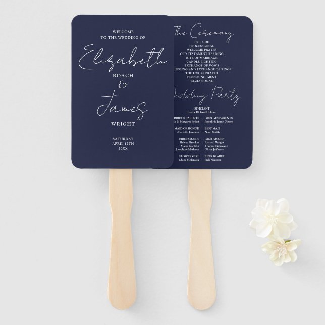 Navy Blue Minimalist Script Wedding Program Hand Fan (Front and Back)