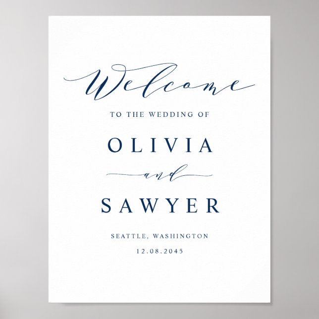 Navy Blue Minimalist Script Wedding Welcome Poster (Front)