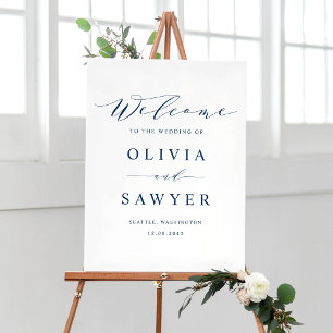Navy Blue Minimalist Script Wedding Welcome Poster