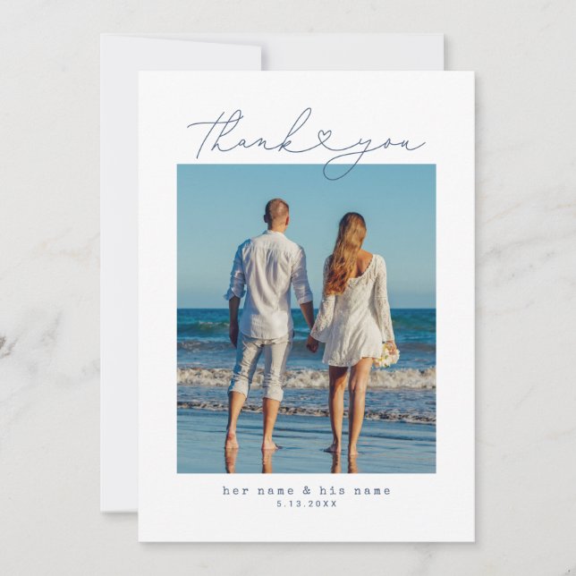 Navy Blue | Minimalist Simple Script Heart Wedding Thank You Card (Front)